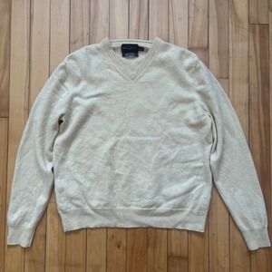 Black Brown 1826 Mens Large 100% Cashmere V-Neck Sweater Cream Off-White